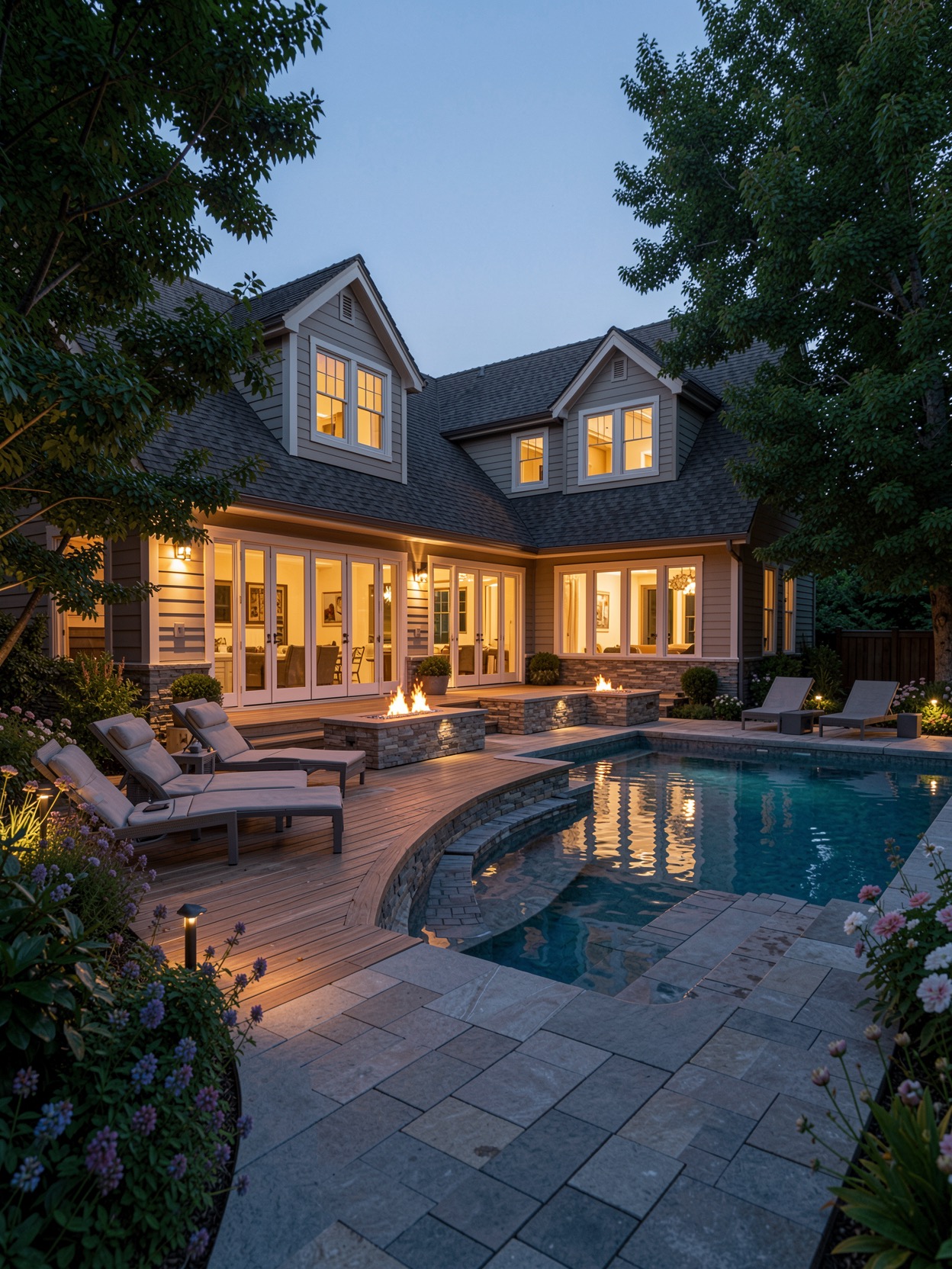 A completed custom home at dusk with a deck, patio, and pool built by River City Build Co's design-build process