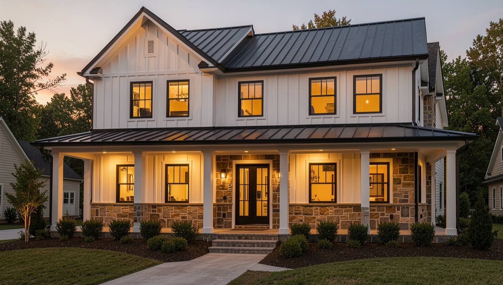 Photorealistic 3-D rendering of a modern custom home exterior at dusk
